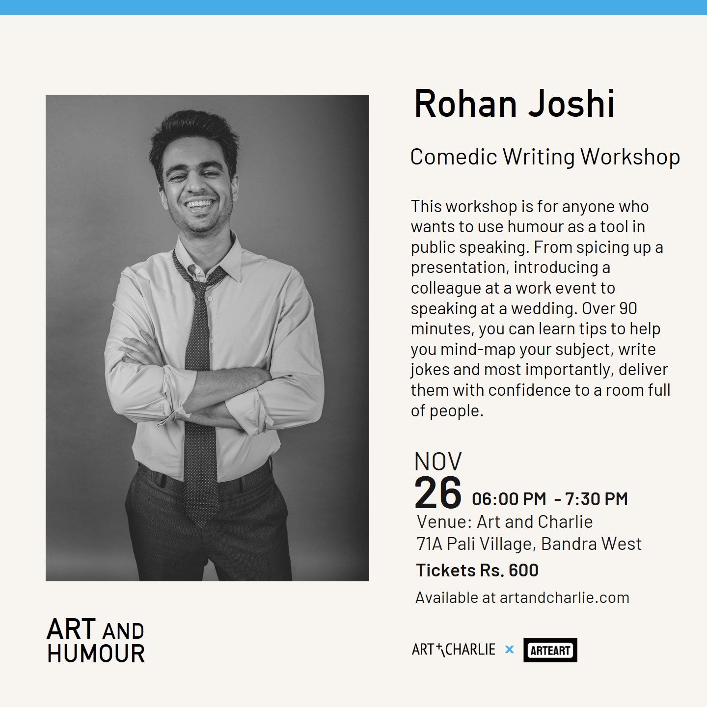 Ticket - Art and Humour: Comedic Writing Workshop - Rohan Joshi - Nov 26 2022 - 6 PM - 7:30 PM